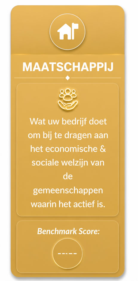 Oranje rechthoek met een huispictogram bovenaan, het woord "MAATSCHAPPIJ" en tekst over de bijdrage van een bedrijf aan de gemeenschap. Onderaan staat "Benchmark Score:".